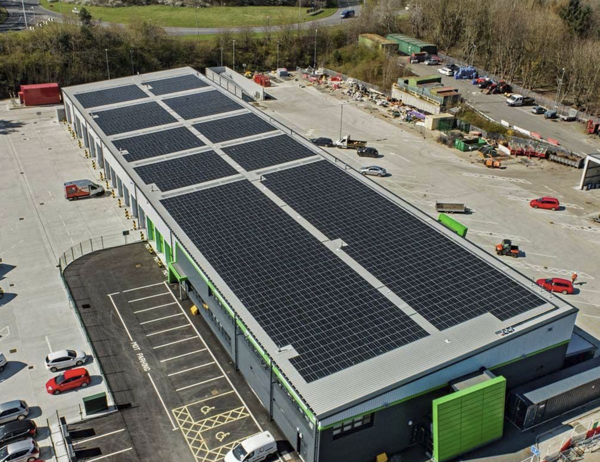 Large commercial building with a rooftop solar array